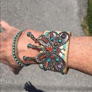 💕Leather Taxco Turquoise/Coral Silver bracelet